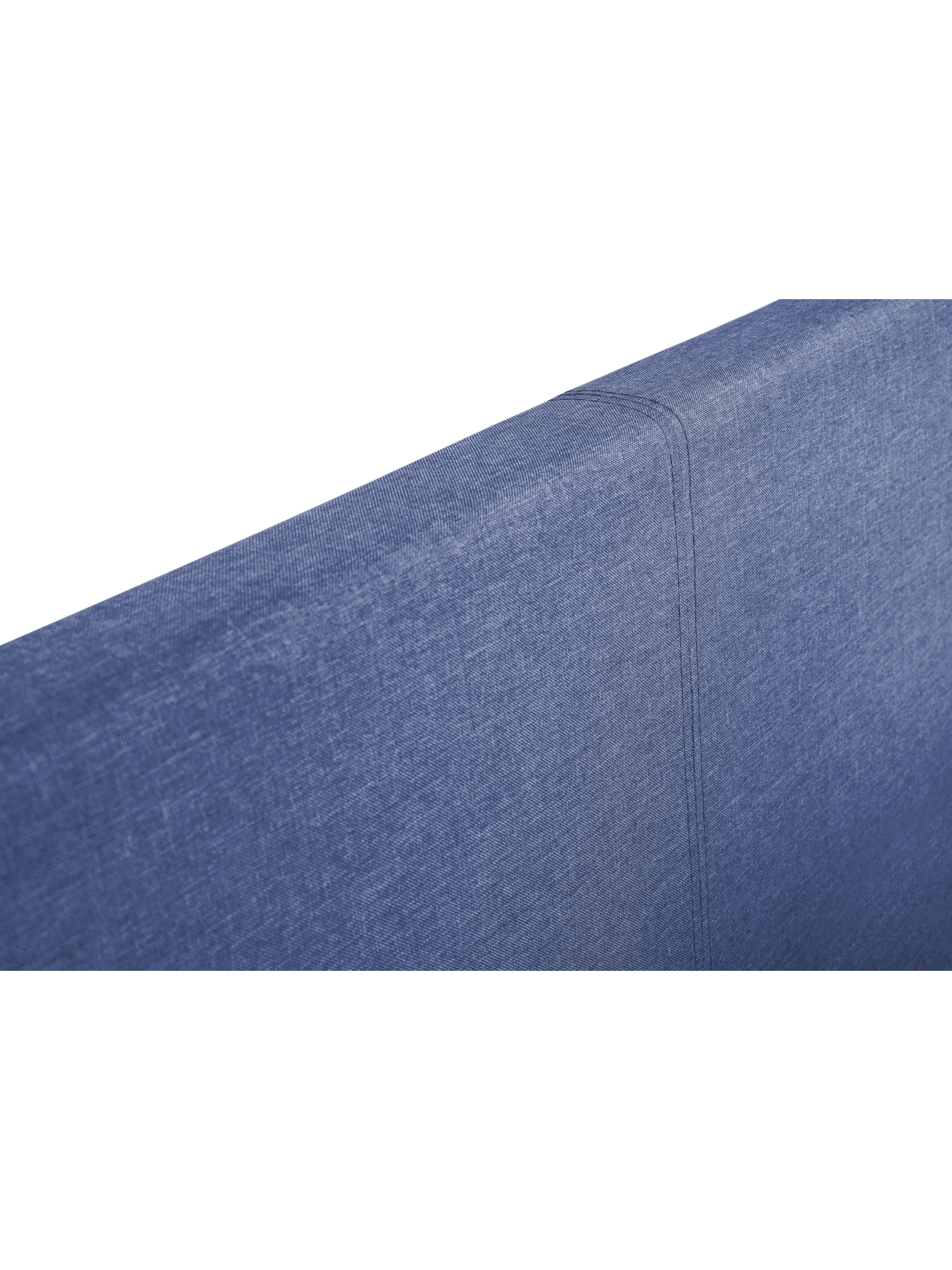 Rialto ottoman bed: the blue linen fabric and stitching on the headboard, close up