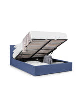 Julian Bowen Rialto blue linen ottoman bed with the gas lift base open, on a white background