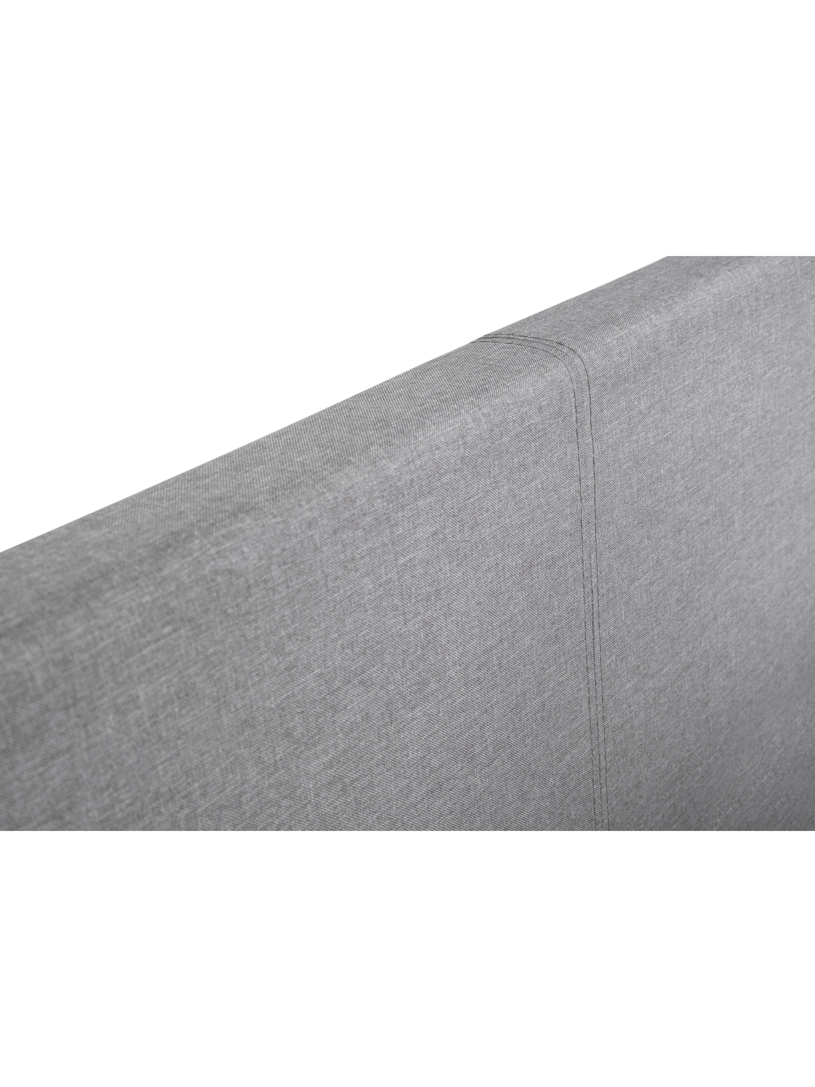 Rialto ottoman bed: the grey linen fabric and stitching on the headboard, close up