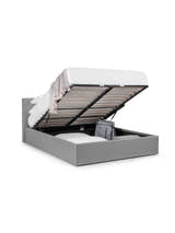 Julian Bowen Rialto grey linen ottoman bed with the gas lift base open, on a white background