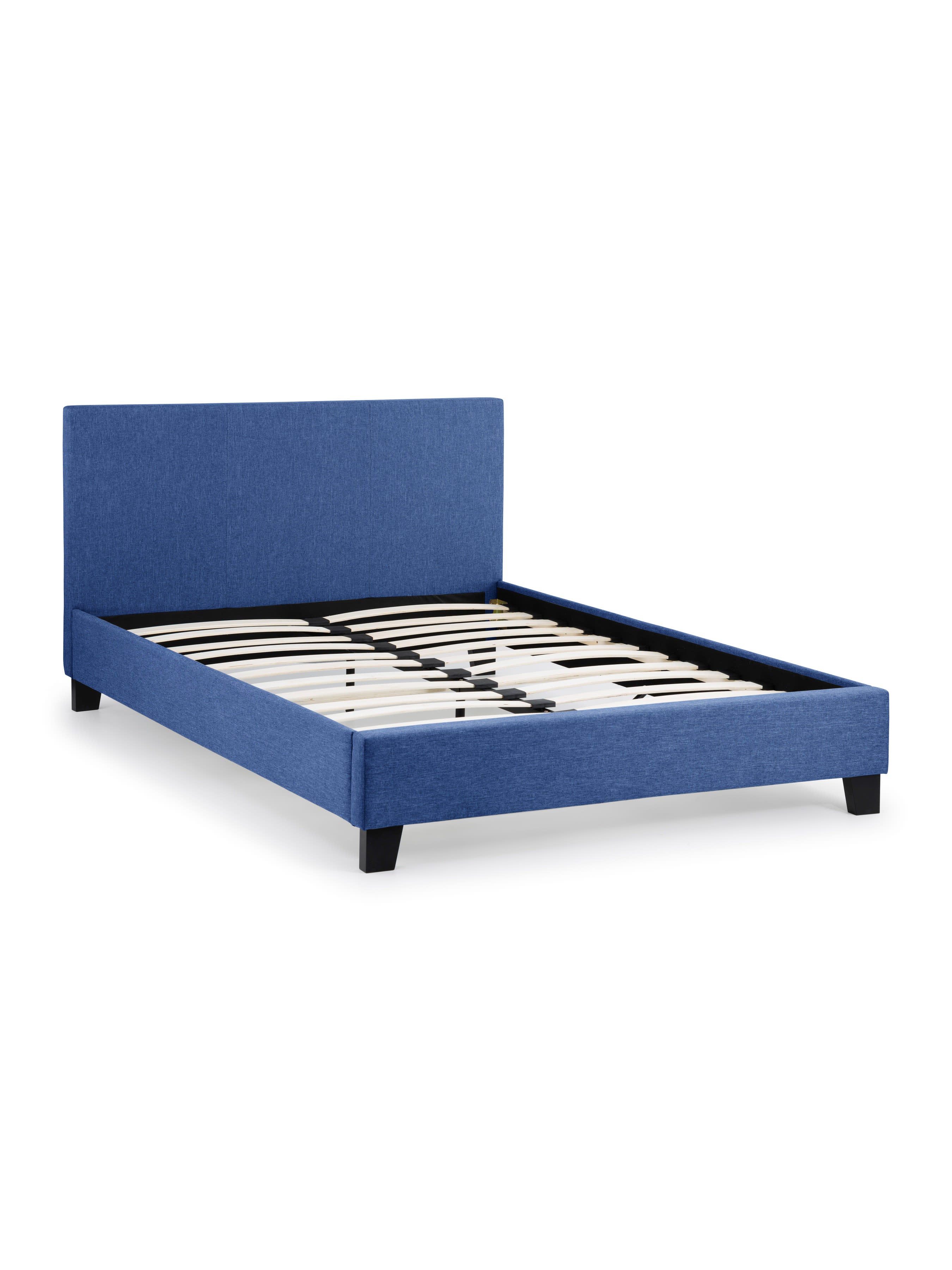 Rialto blue linen bed frame showing the sprung slats and dark feet