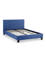 Rialto blue linen bed frame showing the sprung slats and dark feet