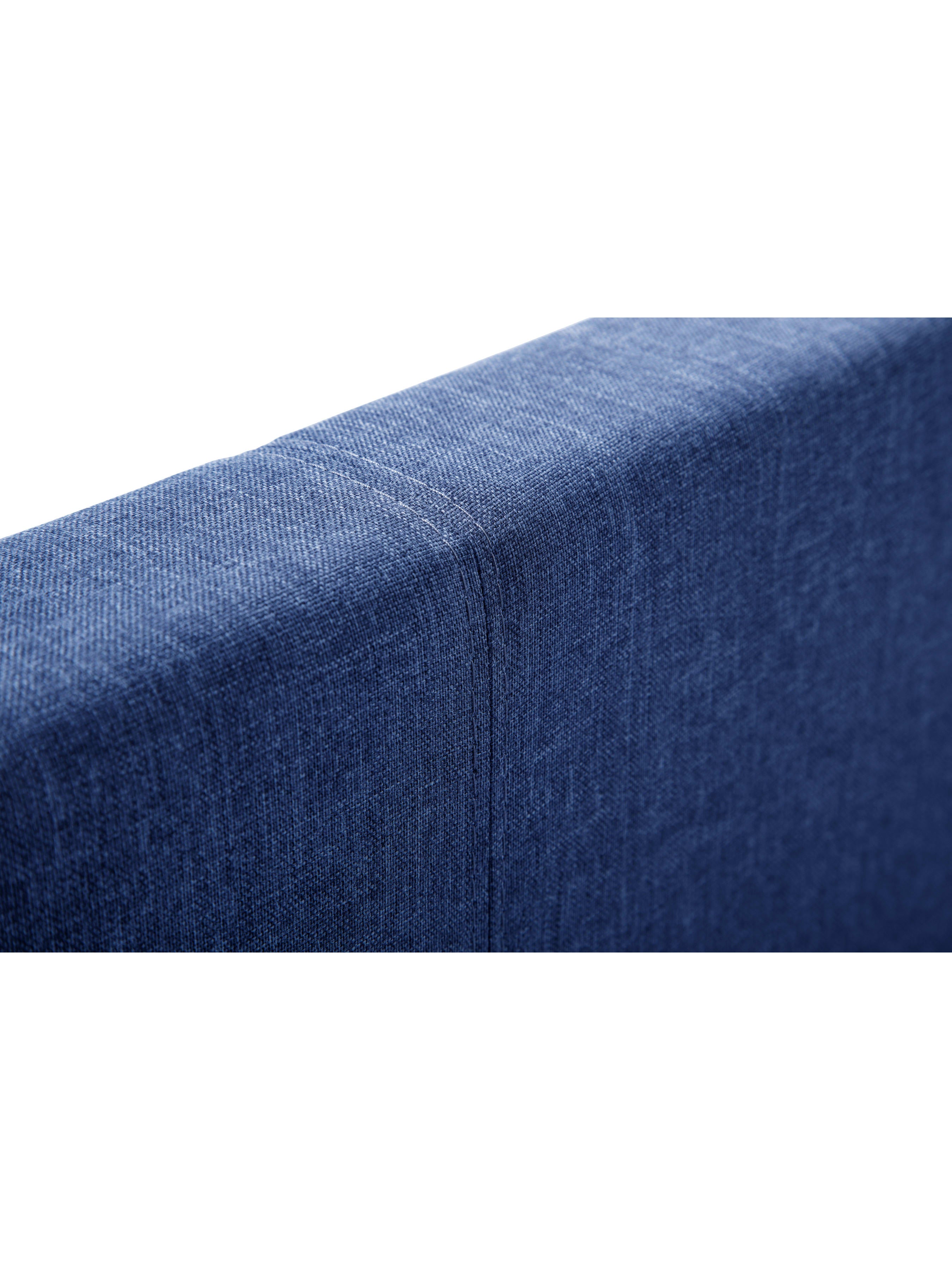 Rialto bed: the blue linen fabric on the padded headboard, close up