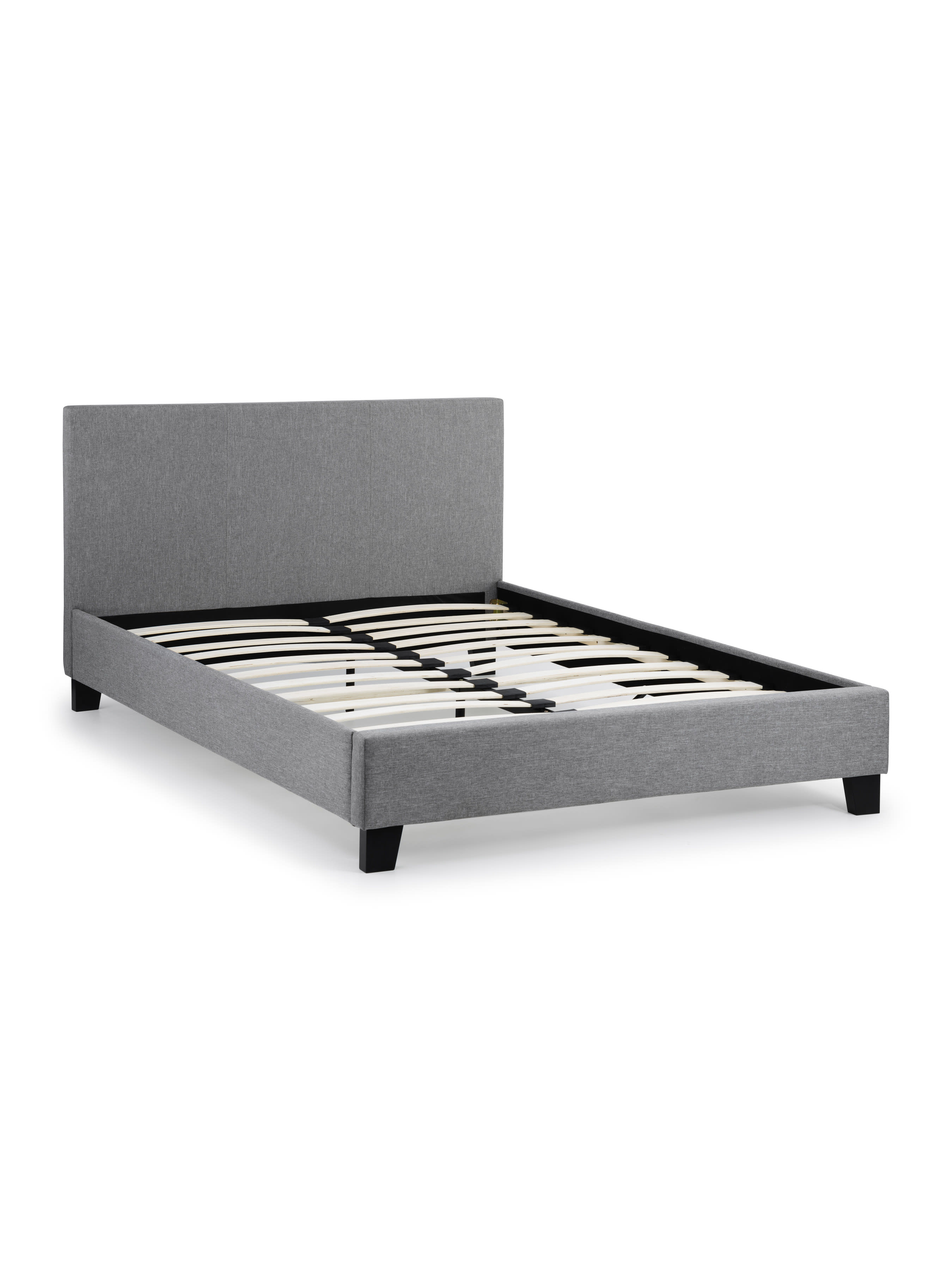 Rialto grey linen bed frame showing the sprung slats and dark feet