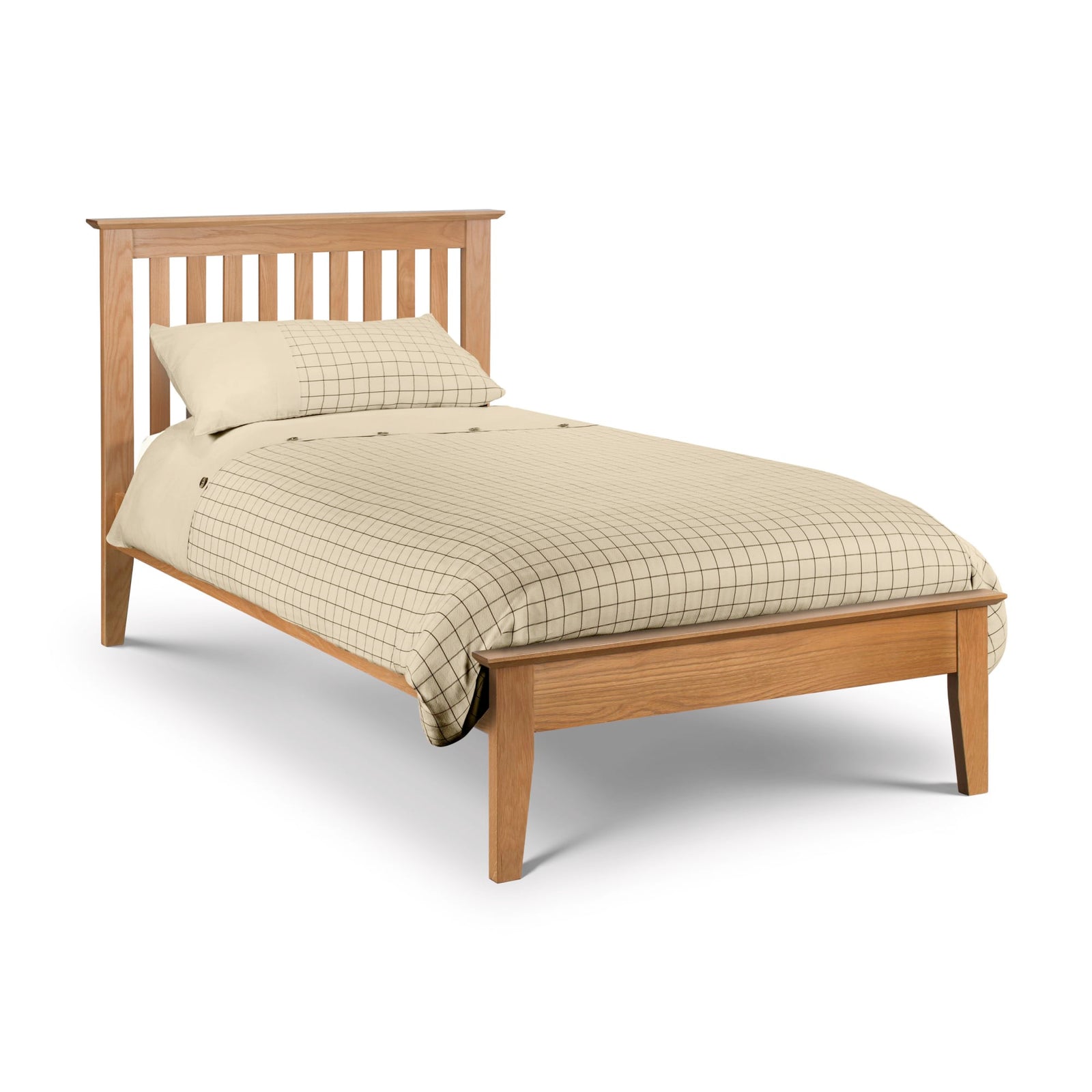 Julian Bowen Salerno natural oak shaker bed with check bedding, on a white background