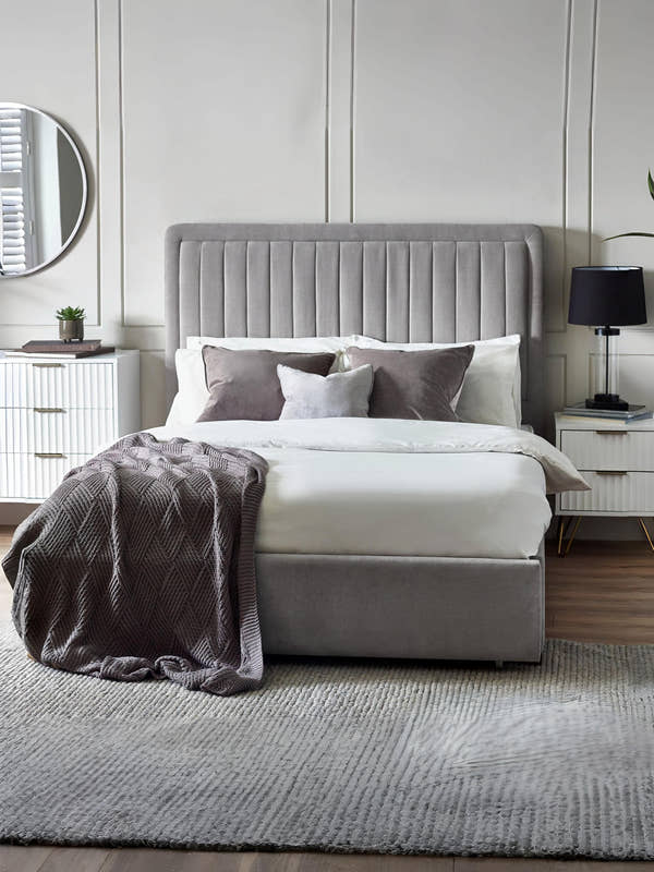 Julian Bowen Savannah bed in grey chenille with a fluted headboard, in a bedroom