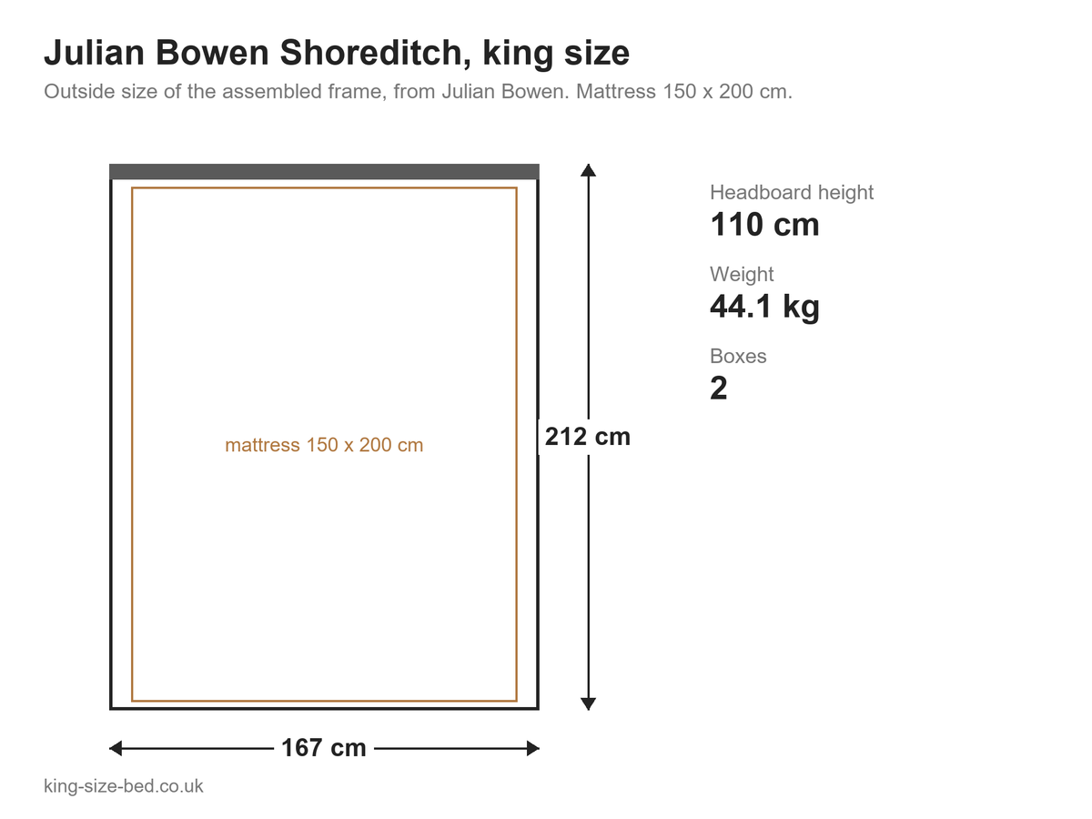 Julian Bowen Shoreditch king size bed: dimensions diagram, 167 x 212 cm outside