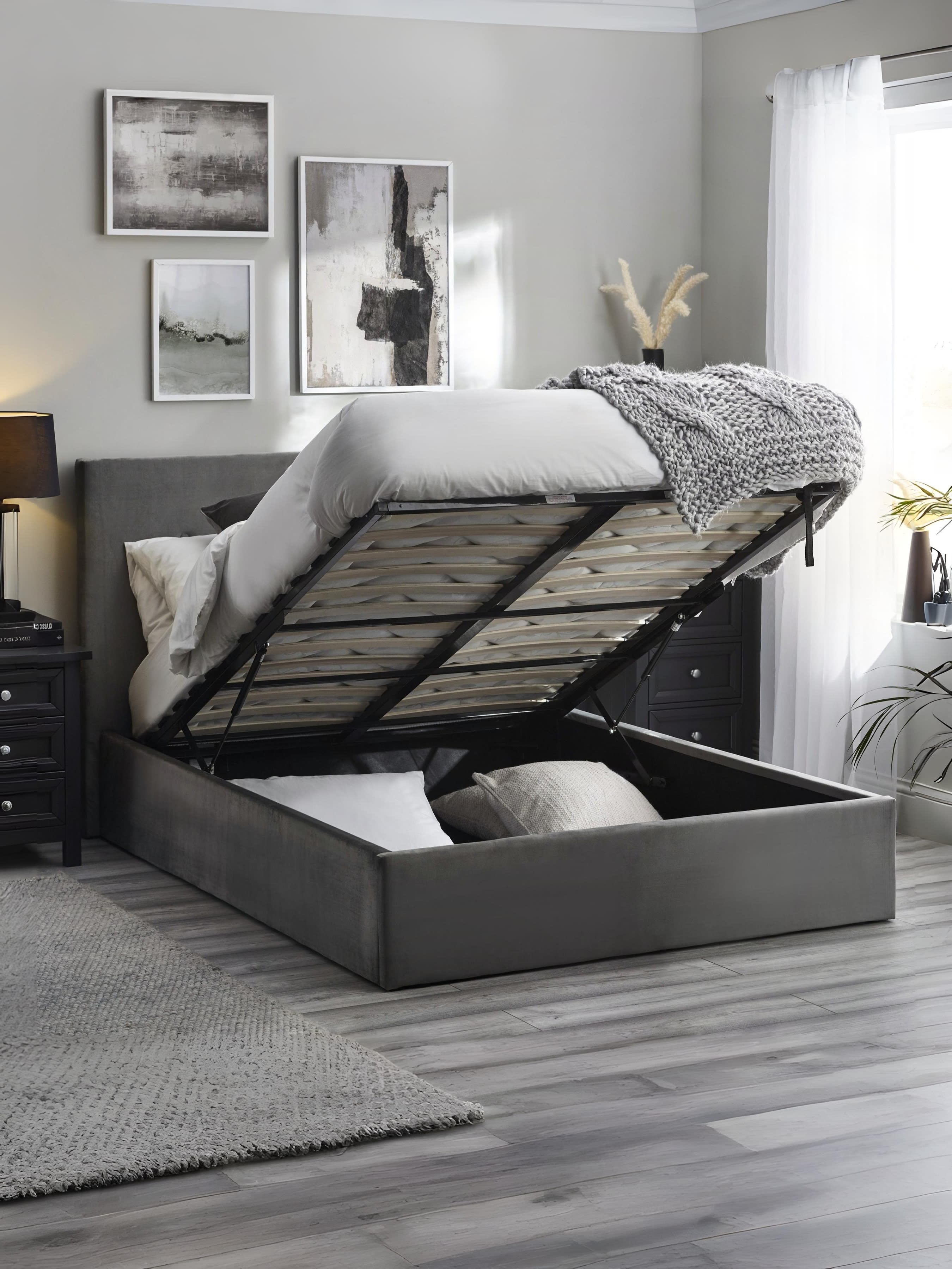 Julian Bowen Shoreditch ottoman bed with the mattress platform lifted to show the storage