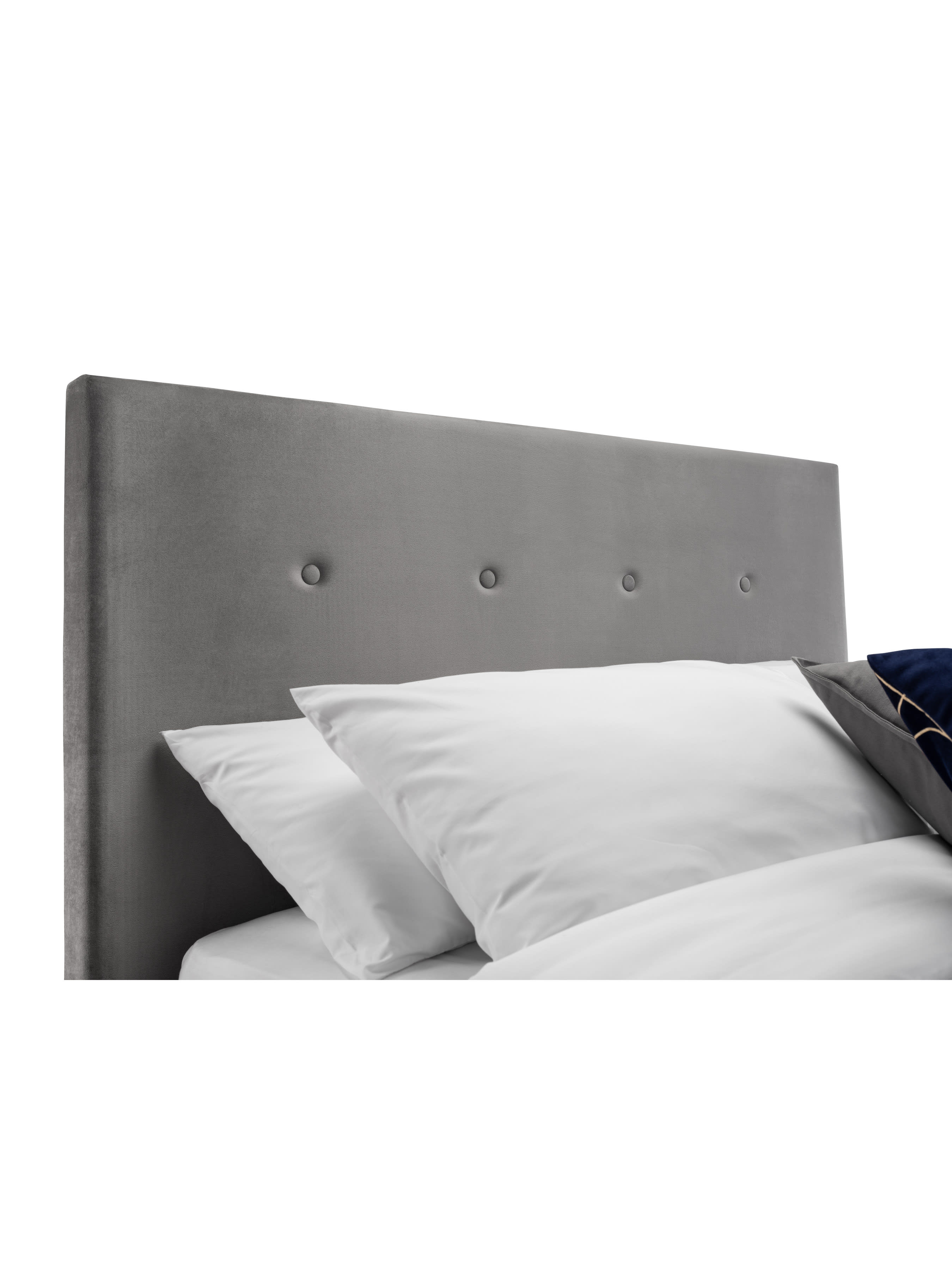 Shoreditch ottoman bed: the high slate grey headboard with its row of buttons, close up