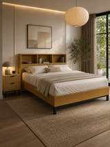 Julian Bowen Sia bookcase headboard bed in light oak effect, in a warm bedroom