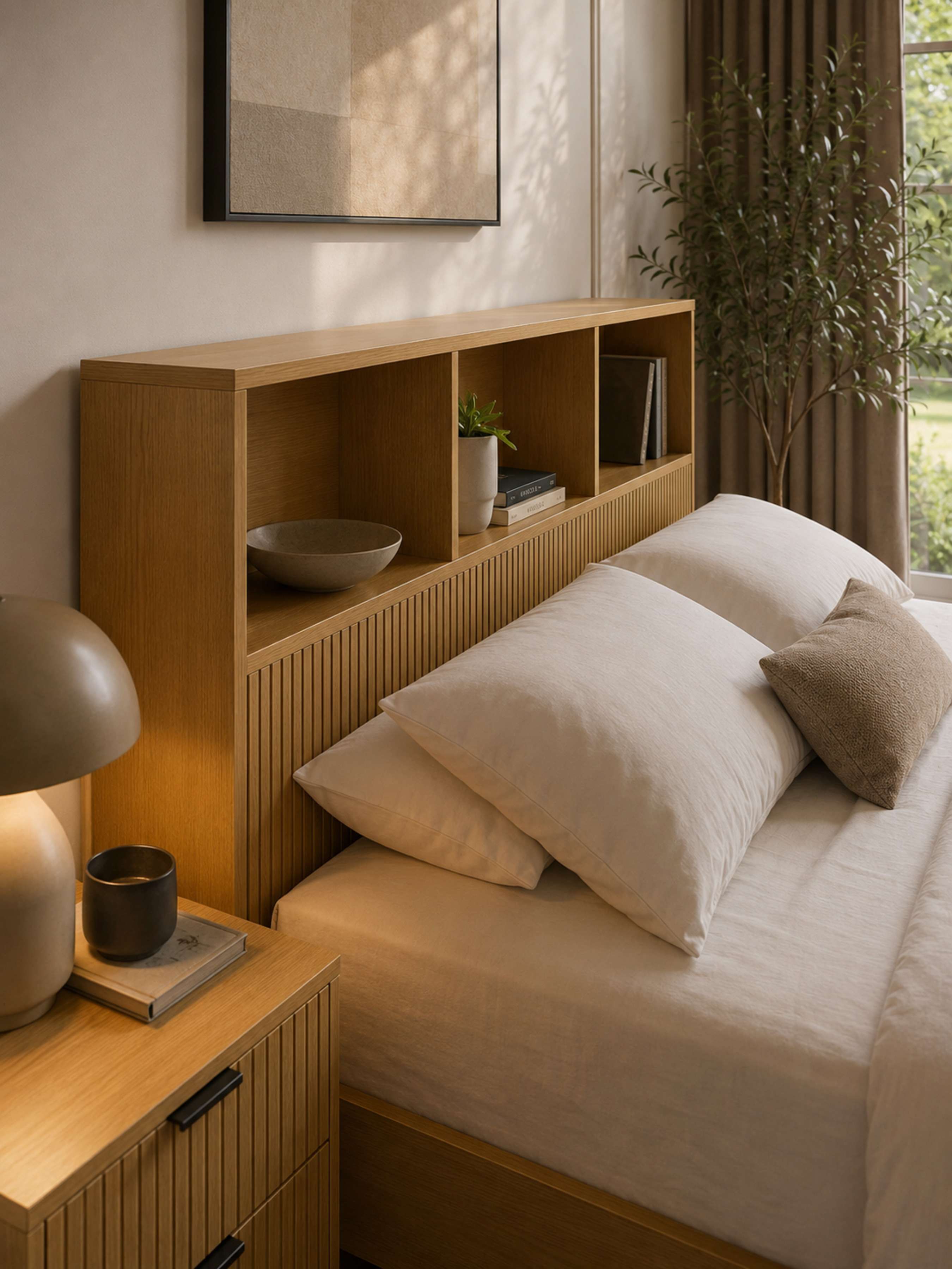 Sia bed: open shelves and fluted panel of the bookcase headboard, close up