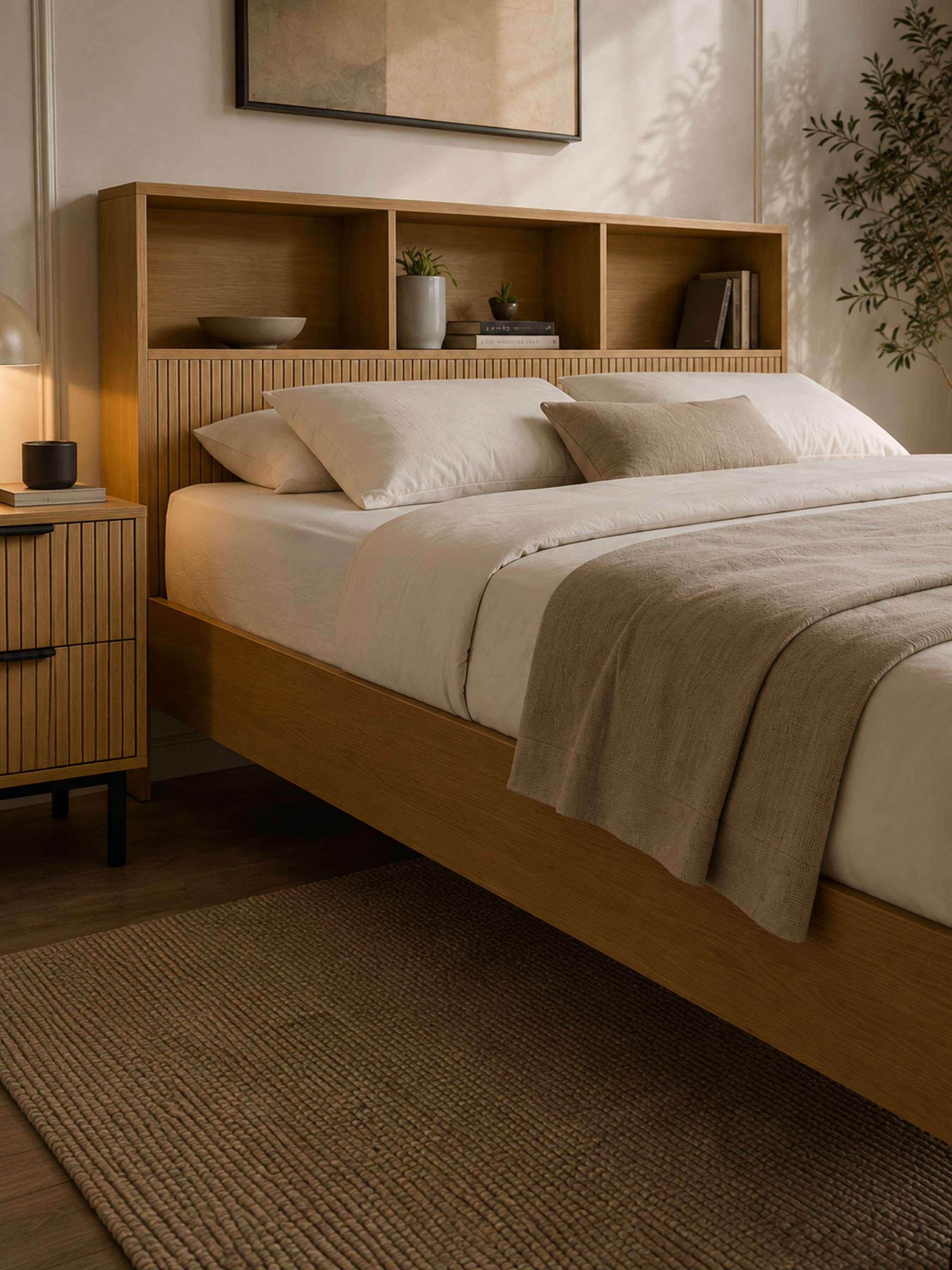 Sia bed: light oak effect frame with the bookcase headboard behind, in a bedroom