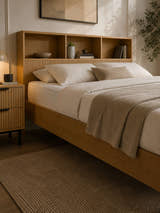 Sia bed: light oak effect frame with the bookcase headboard behind, in a bedroom