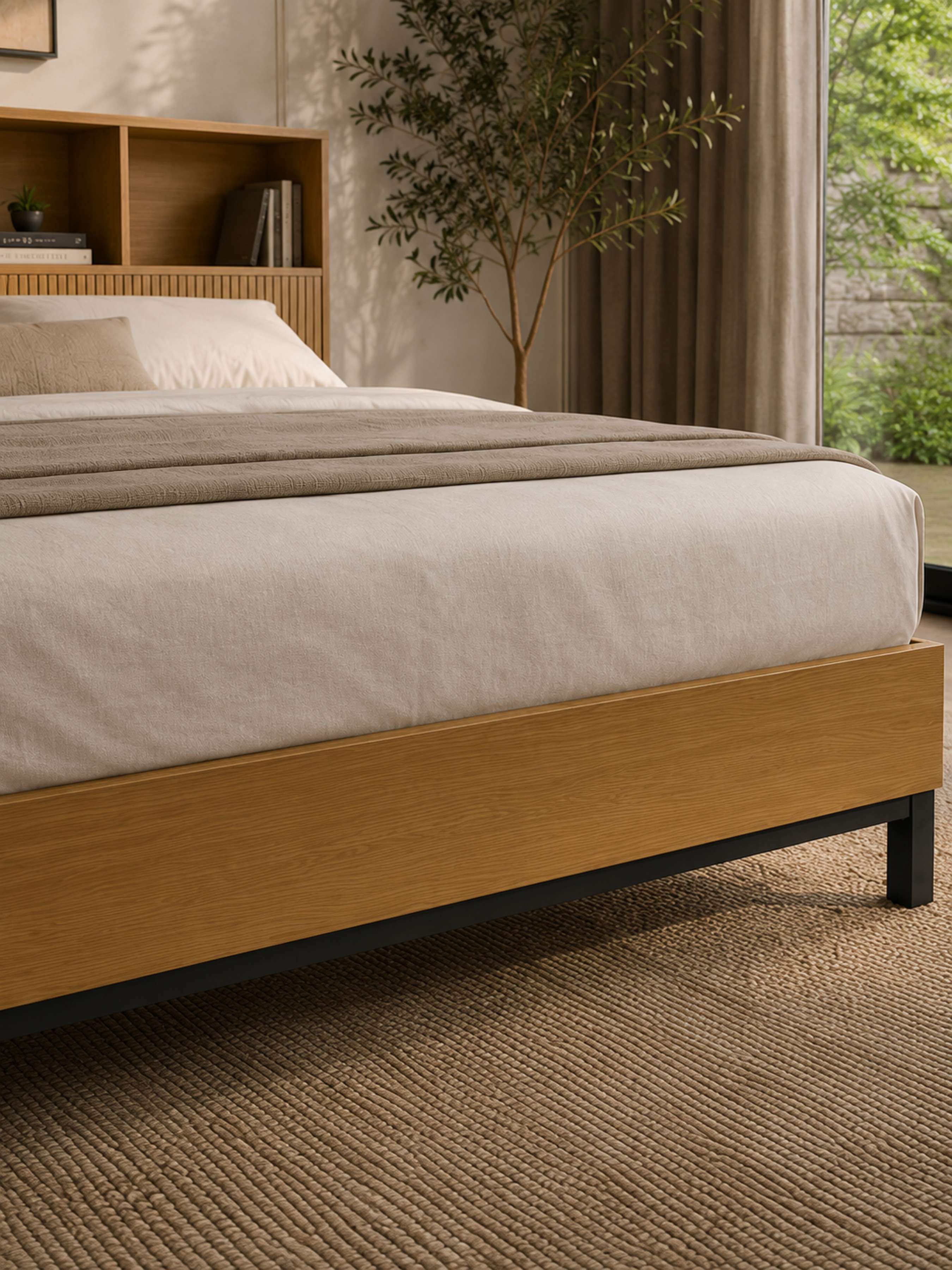 Sia bed: light oak effect side rail on slim black legs, close up