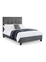 Julian Bowen Sorrento slate linen bed made up with bedding, on a white background