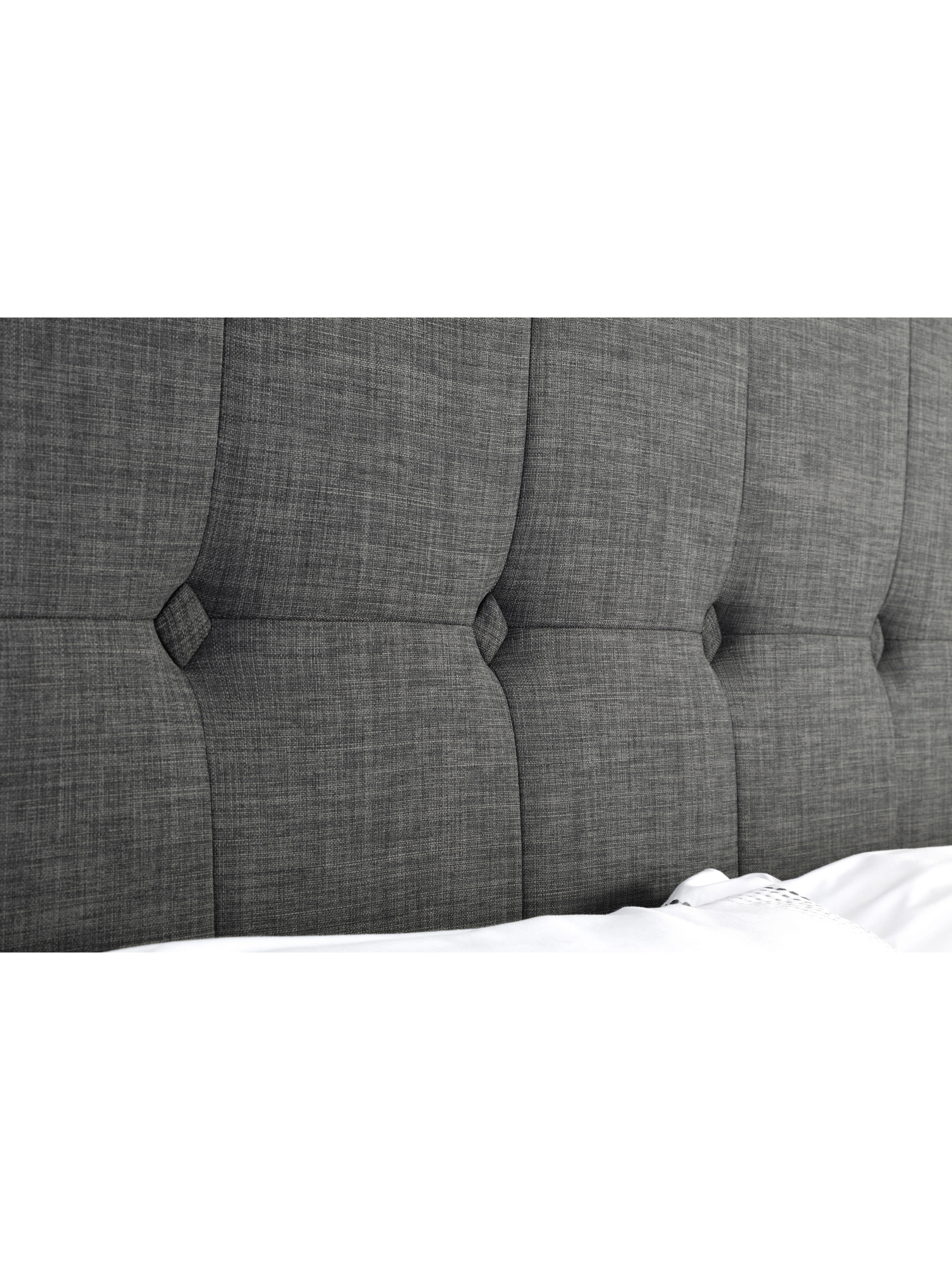 Sorrento bed: buttoning on the slate grey linen headboard, close up
