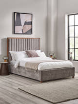 Julian Bowen Whitmore upholstered bed in grey chenille with a wood framed headboard, in a bedroom