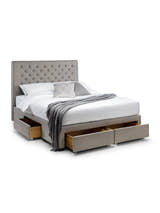Julian Bowen Wilton light grey bed with the four drawers open, on a white background