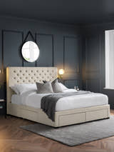Julian Bowen Wilton 4 drawer bed in oatmeal, in a dark panelled bedroom