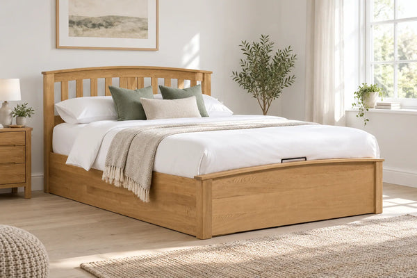 Kensal solid oak super king ottoman bed, shown in a bright UK bedroom