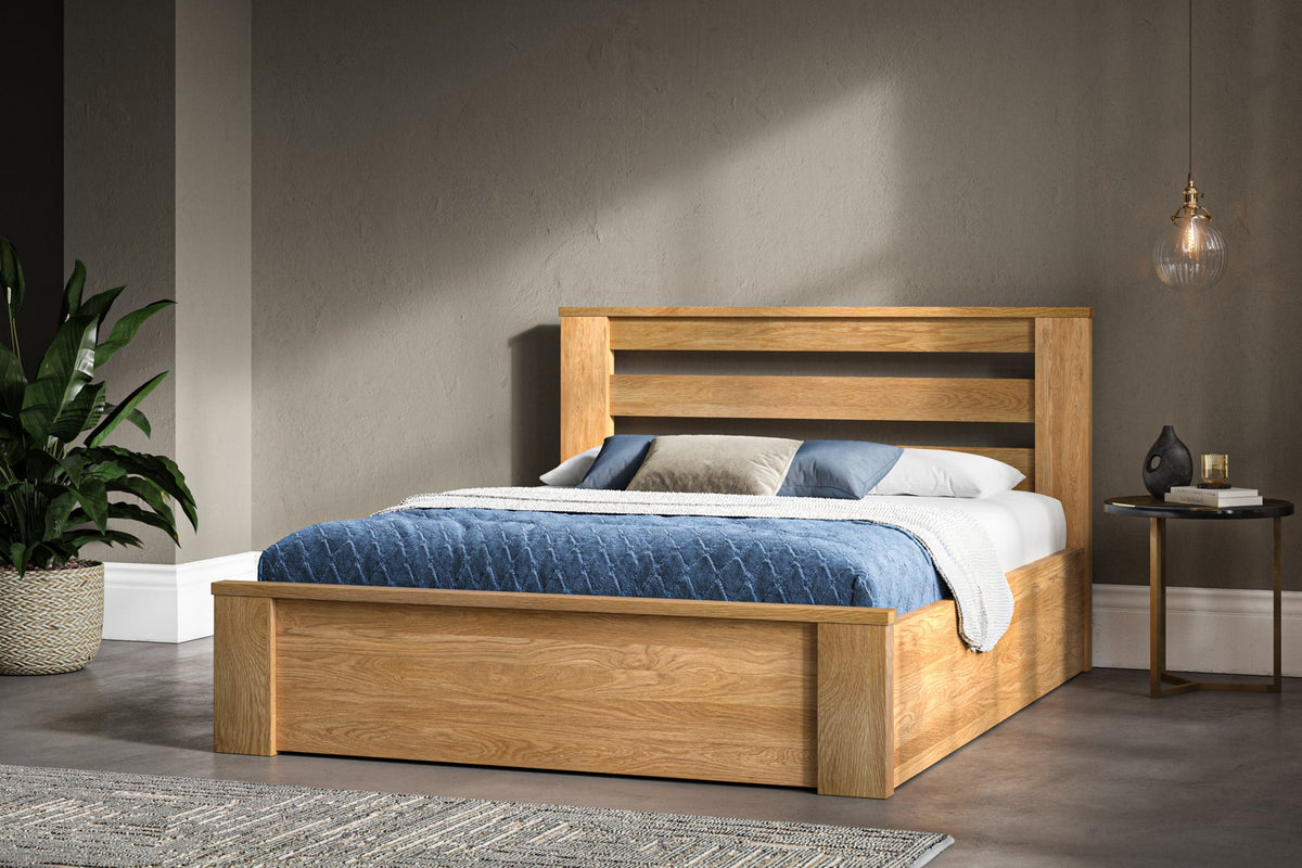 Chiswick solid oak ottoman bed, natural finish, with the storage closed