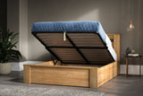 Chiswick solid oak ottoman bed, natural finish, with the gas lift storage open