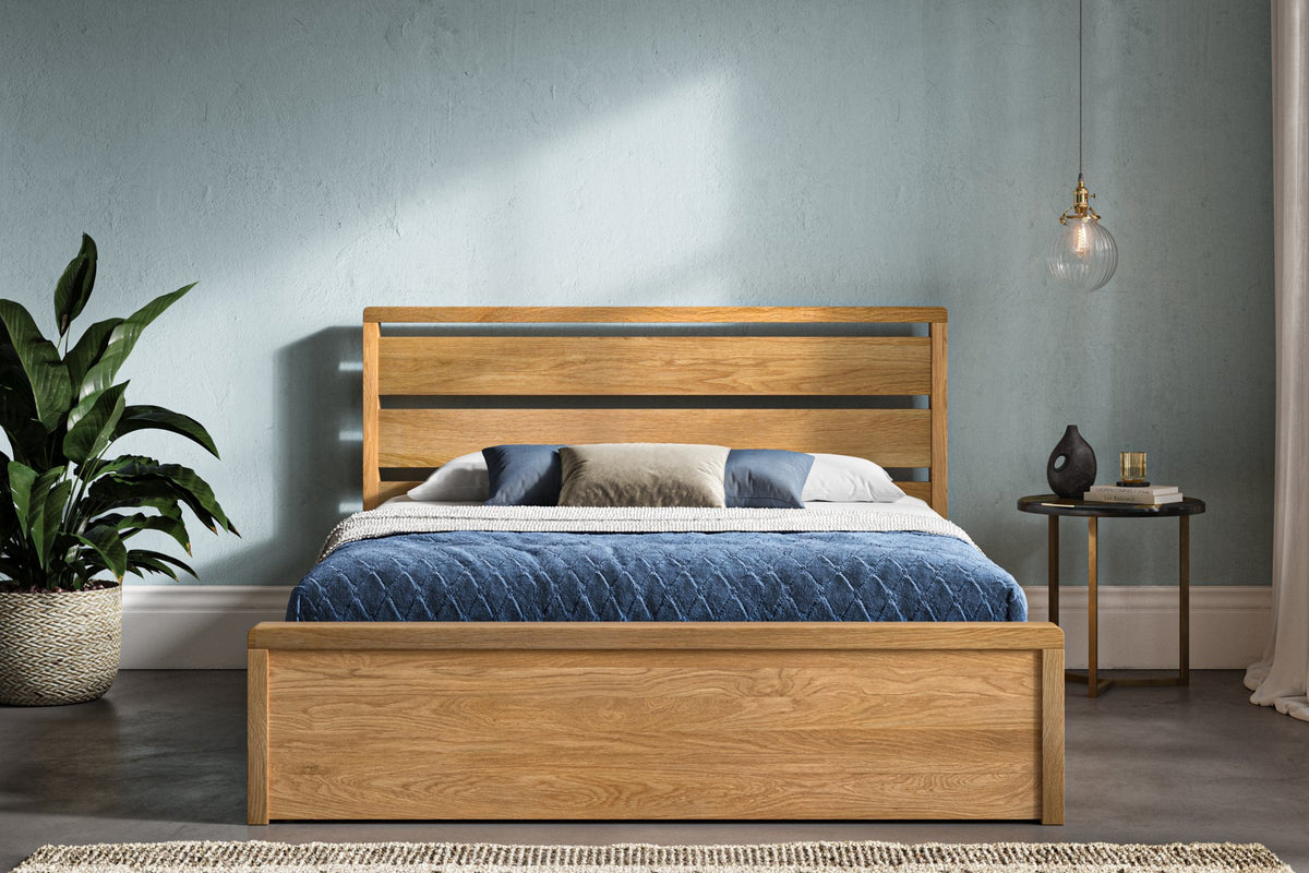 Hampton solid oak ottoman bed, natural finish, with the storage closed
