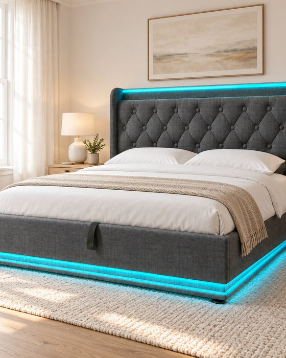 Deptford LED gaming bed in grey linen, in a bright bedroom (AI-generated illustration of this frame; bedding for illustration, mattress not included)