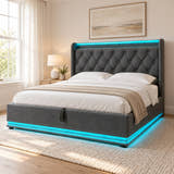 Deptford LED gaming bed in grey linen, in a bright bedroom (AI-generated illustration of this frame; bedding for illustration, mattress not included)