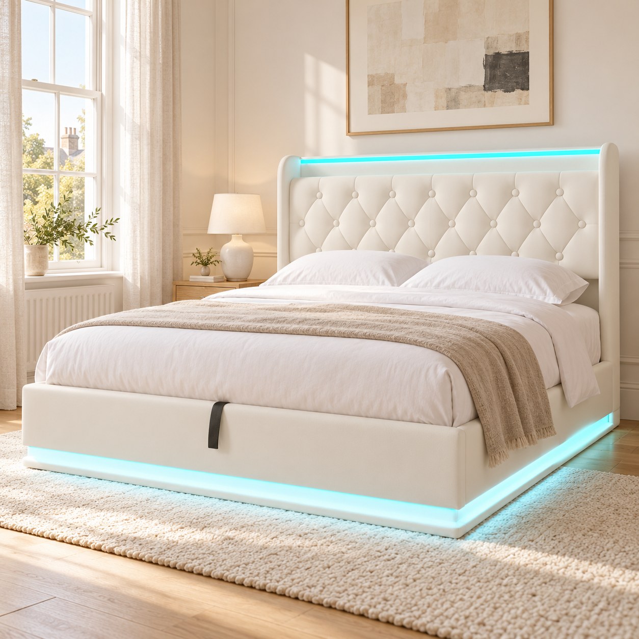 Deptford LED gaming bed in white faux leather, in a bright bedroom (AI-generated illustration of this frame; bedding for illustration, mattress not included)