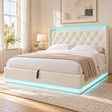Deptford LED gaming bed in white faux leather, in a bright bedroom (AI-generated illustration of this frame; bedding for illustration, mattress not included)
