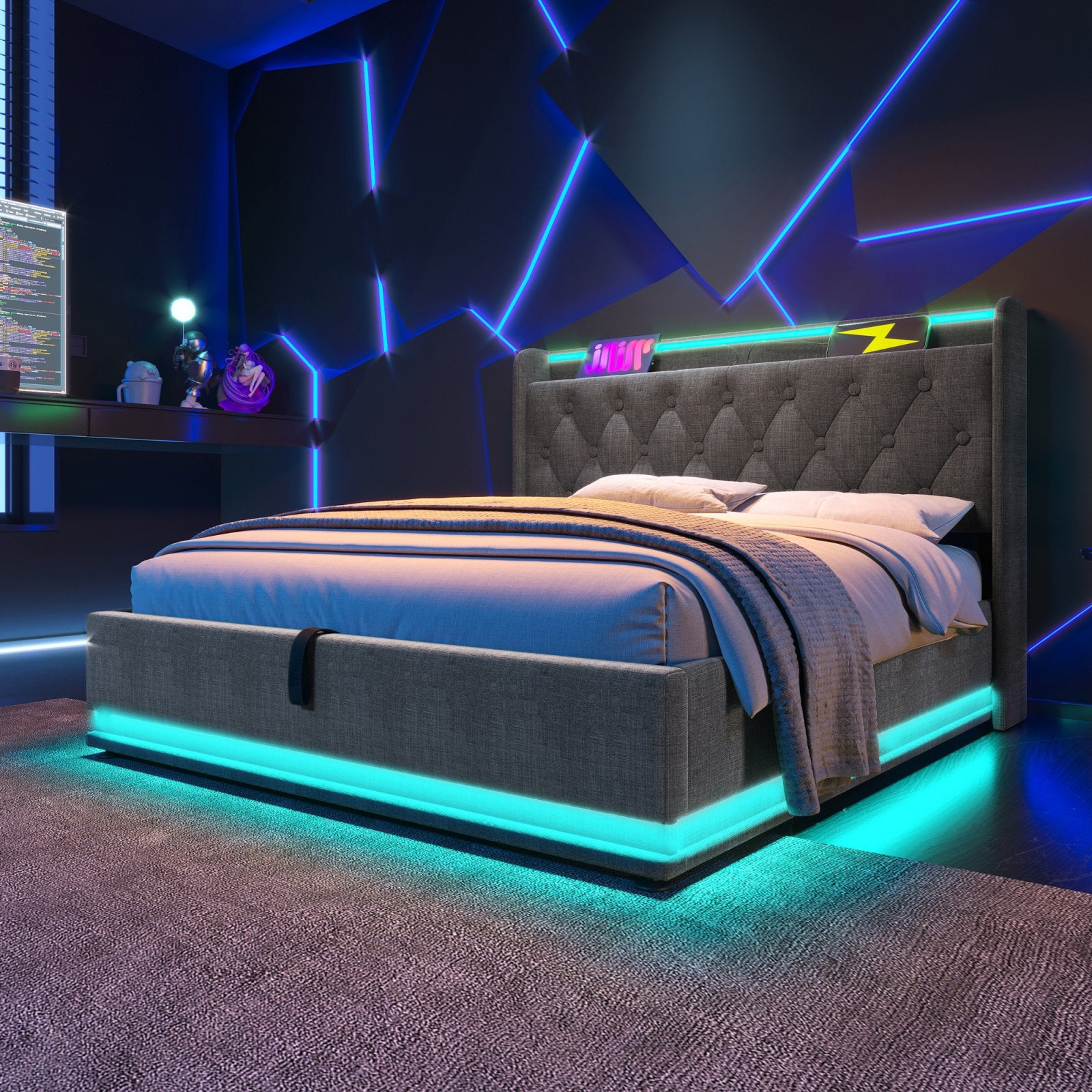 Deptford LED Gaming Bed with Ottoman Storage, in grey linen, in a gaming room, closed