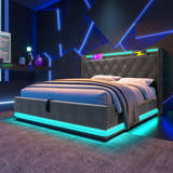 Deptford LED Gaming Bed with Ottoman Storage, in grey linen, in a gaming room, closed
