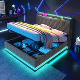 Deptford LED Gaming Bed with Ottoman Storage, in grey linen, storage open