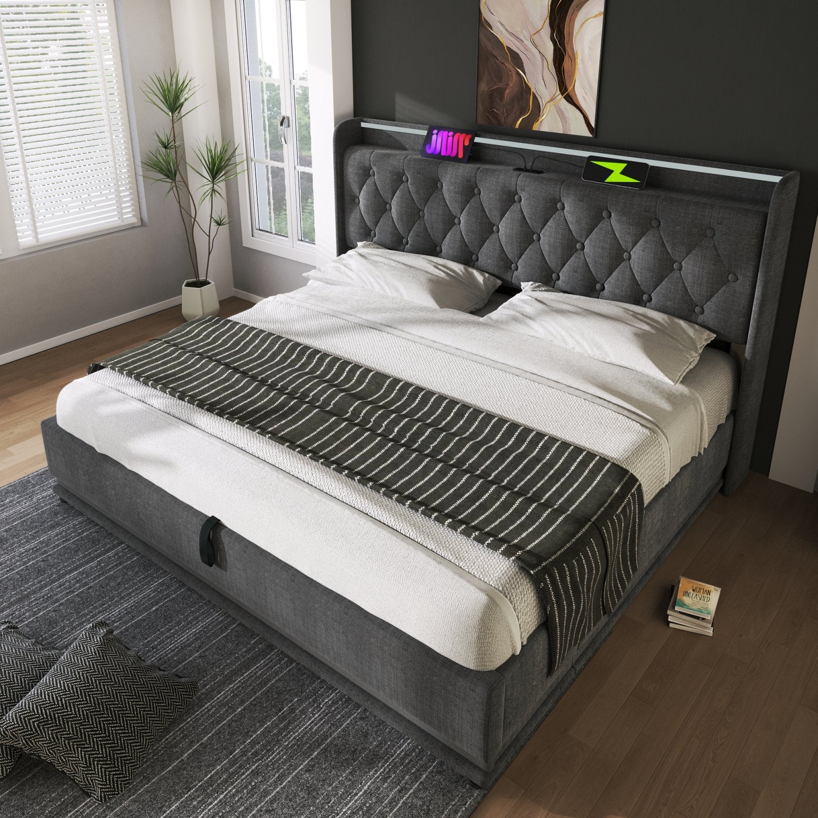 Deptford LED Gaming Bed with Ottoman Storage, in grey linen, in a bedroom, closed
