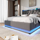 Deptford LED Gaming Bed with Ottoman Storage, in grey linen, LED strip lit blue