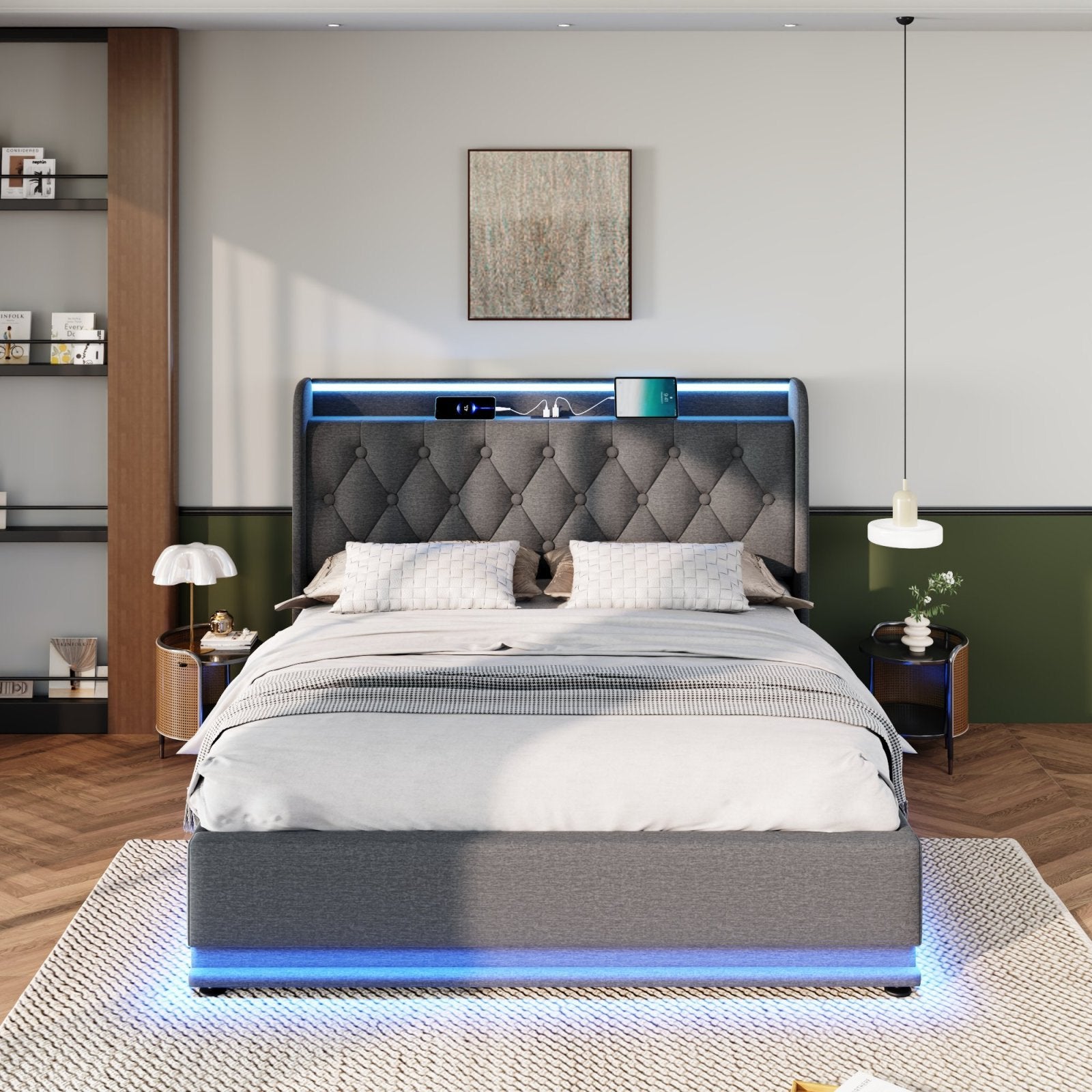 Deptford LED Gaming Bed with Ottoman Storage, in grey linen, from the foot end