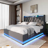 Deptford LED Gaming Bed with Ottoman Storage, in grey linen, from the side
