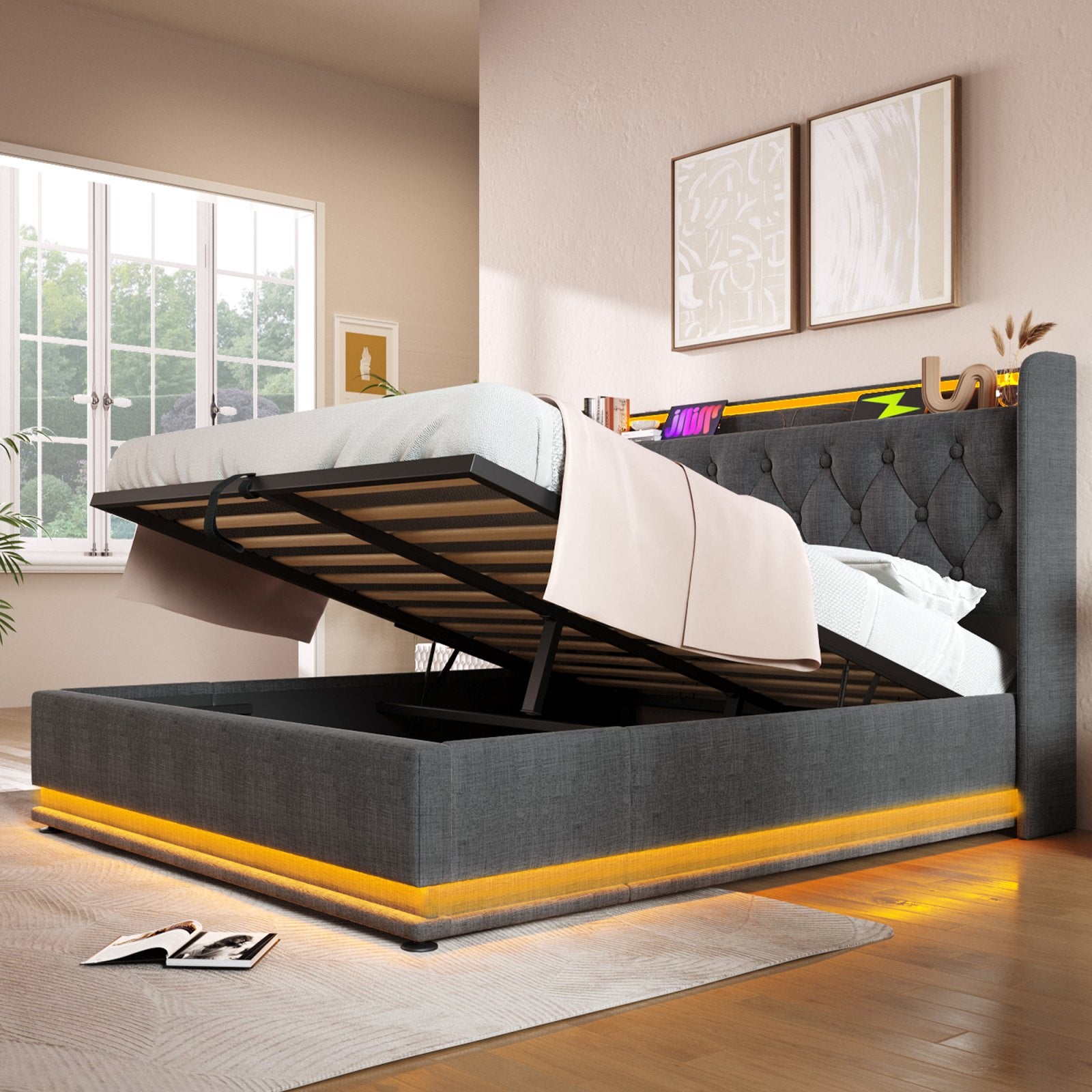 Deptford LED Gaming Bed with Ottoman Storage, in grey linen, storage open in daylight