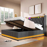 Deptford LED Gaming Bed with Ottoman Storage, in grey linen, storage open in daylight