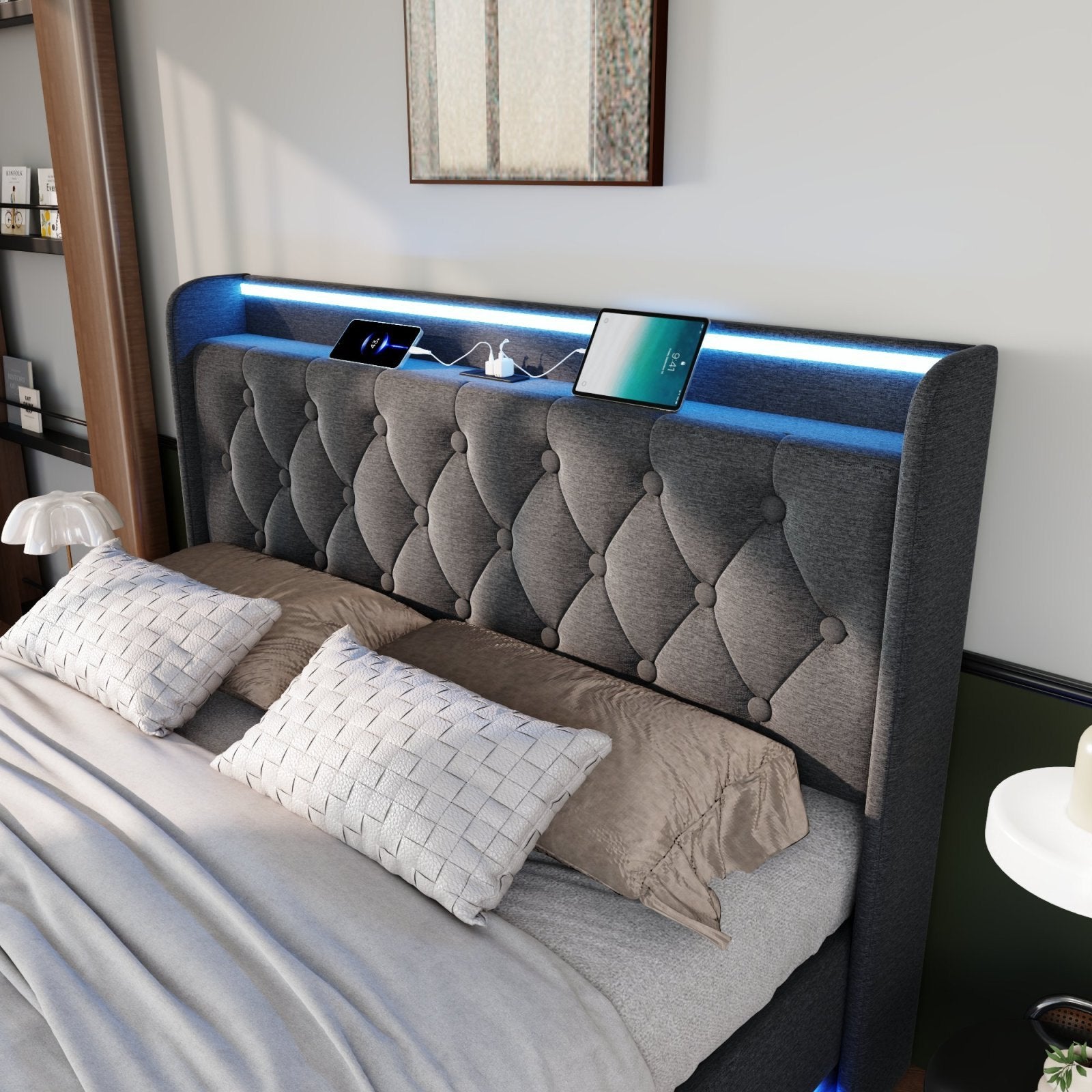 Deptford LED Gaming Bed with Ottoman Storage, in grey linen, close-up of the headboard