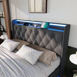 Deptford LED Gaming Bed with Ottoman Storage, in grey linen, close-up of the headboard