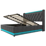 Deptford LED Gaming Bed with Ottoman Storage, in grey linen, on its own, storage open
