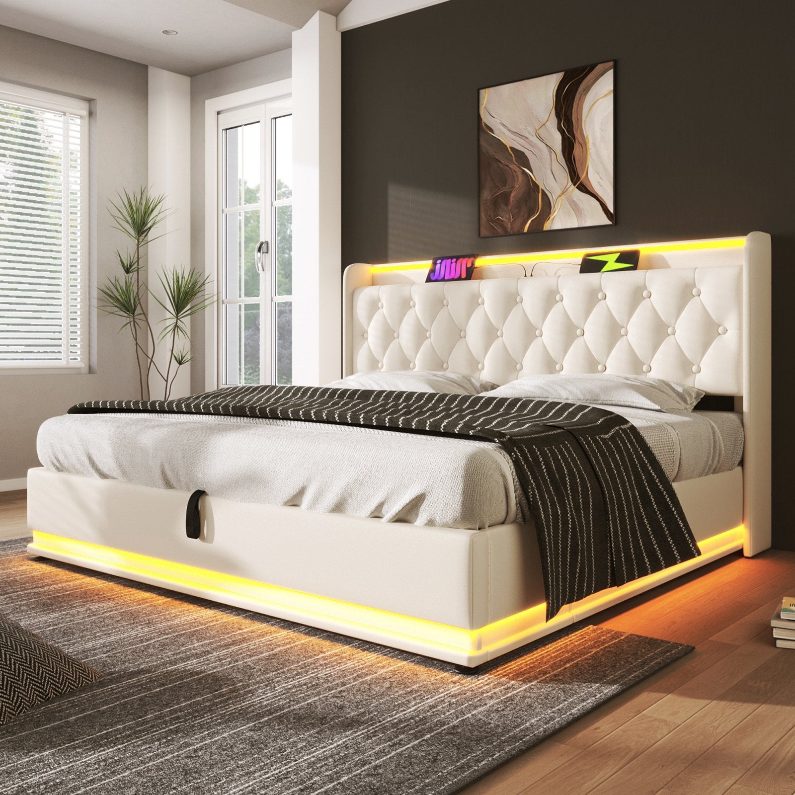Deptford LED Gaming Bed with Ottoman Storage, in white faux leather, in a bedroom, closed