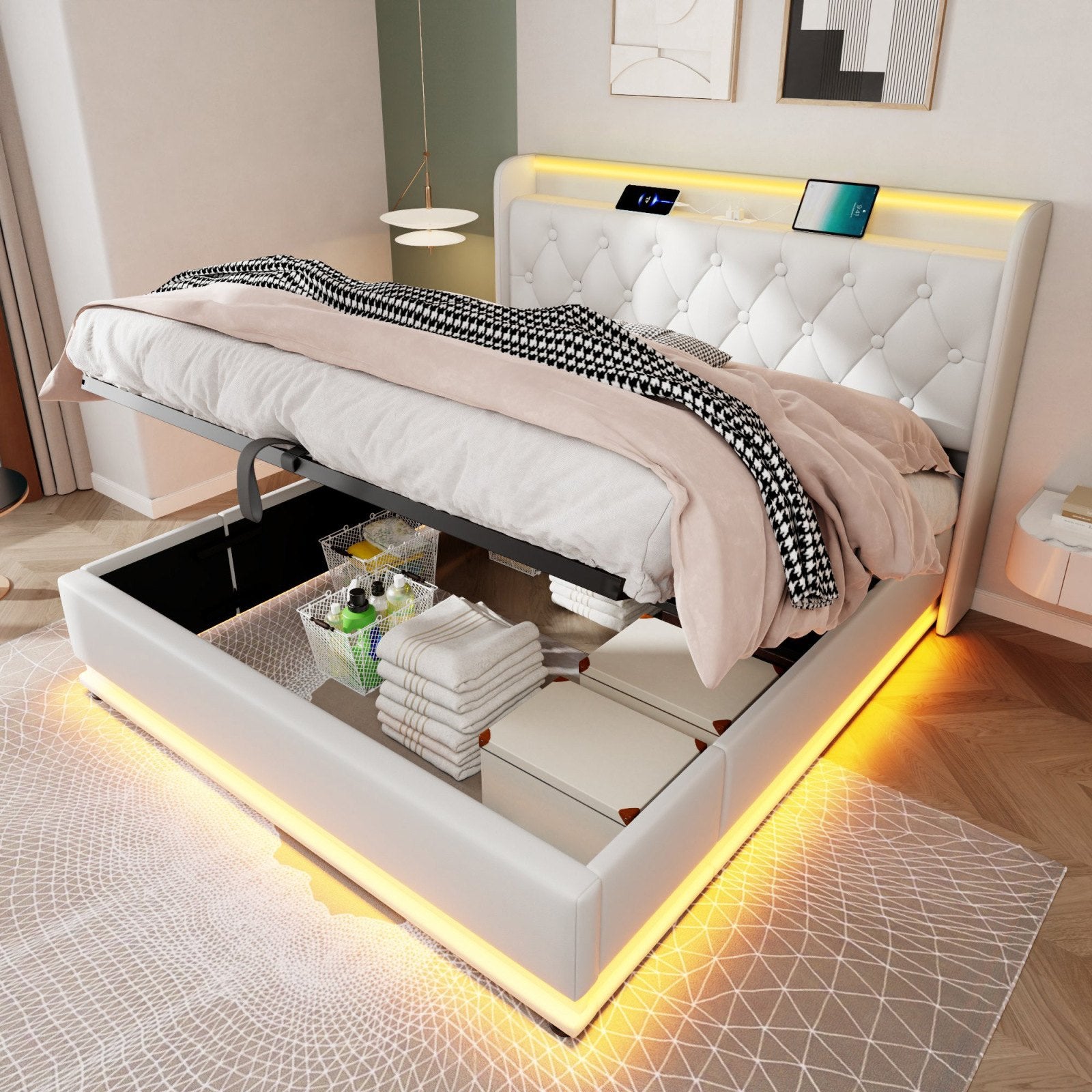 Deptford LED Gaming Bed with Ottoman Storage, in white faux leather, storage open