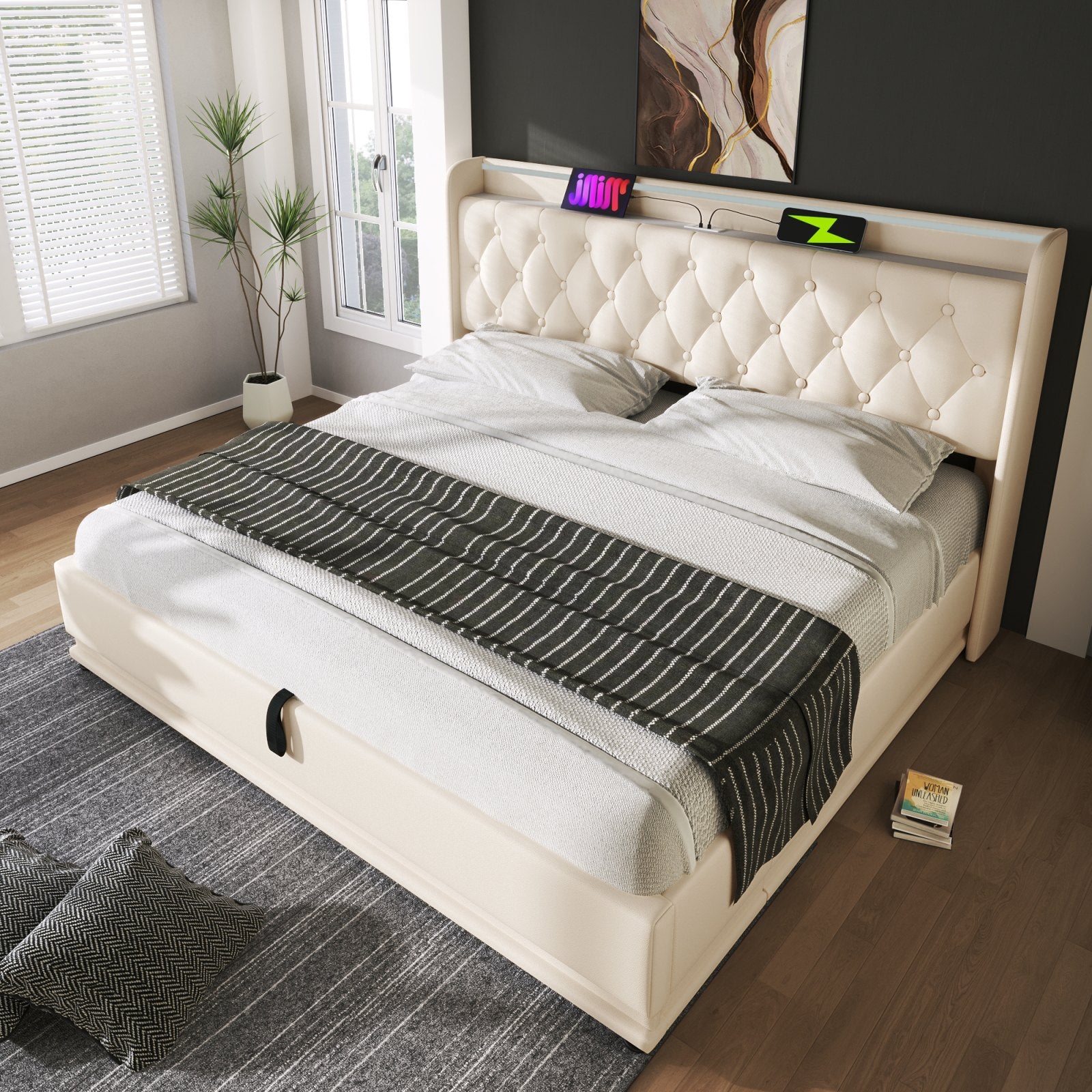 Deptford LED Gaming Bed with Ottoman Storage, in white faux leather, LED strip lit