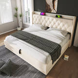 Deptford LED Gaming Bed with Ottoman Storage, in white faux leather, LED strip lit