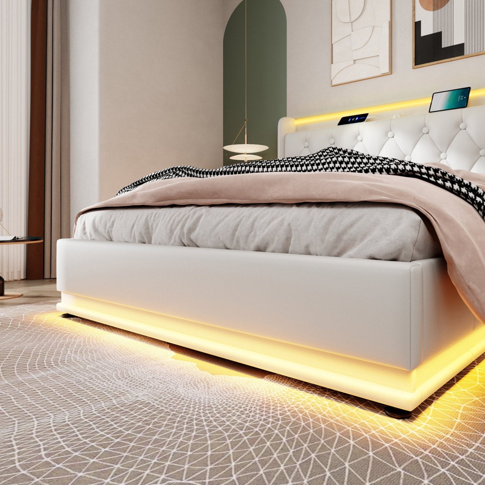 Deptford LED Gaming Bed with Ottoman Storage, in white faux leather, from the foot end