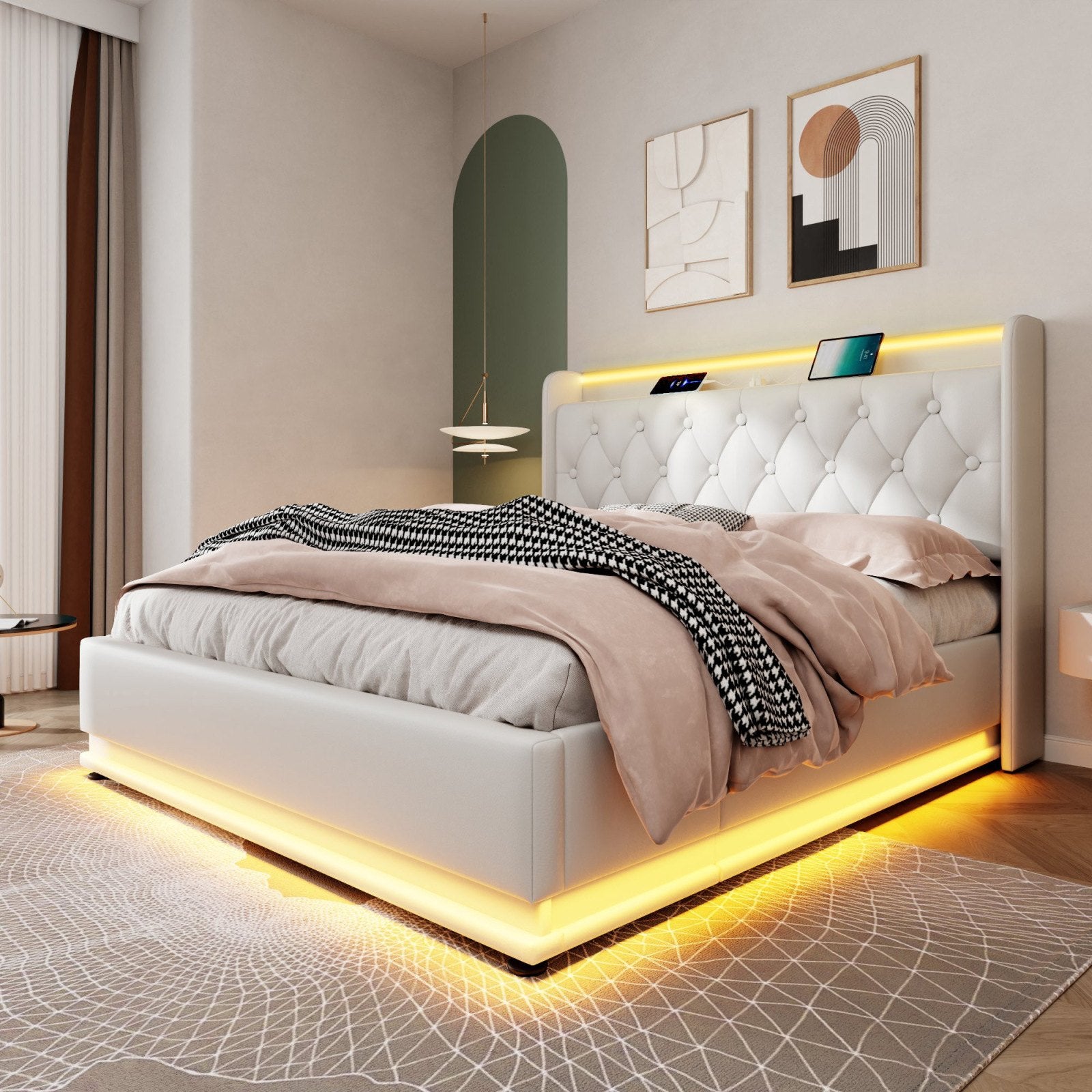 Deptford LED Gaming Bed with Ottoman Storage, in white faux leather, from the side