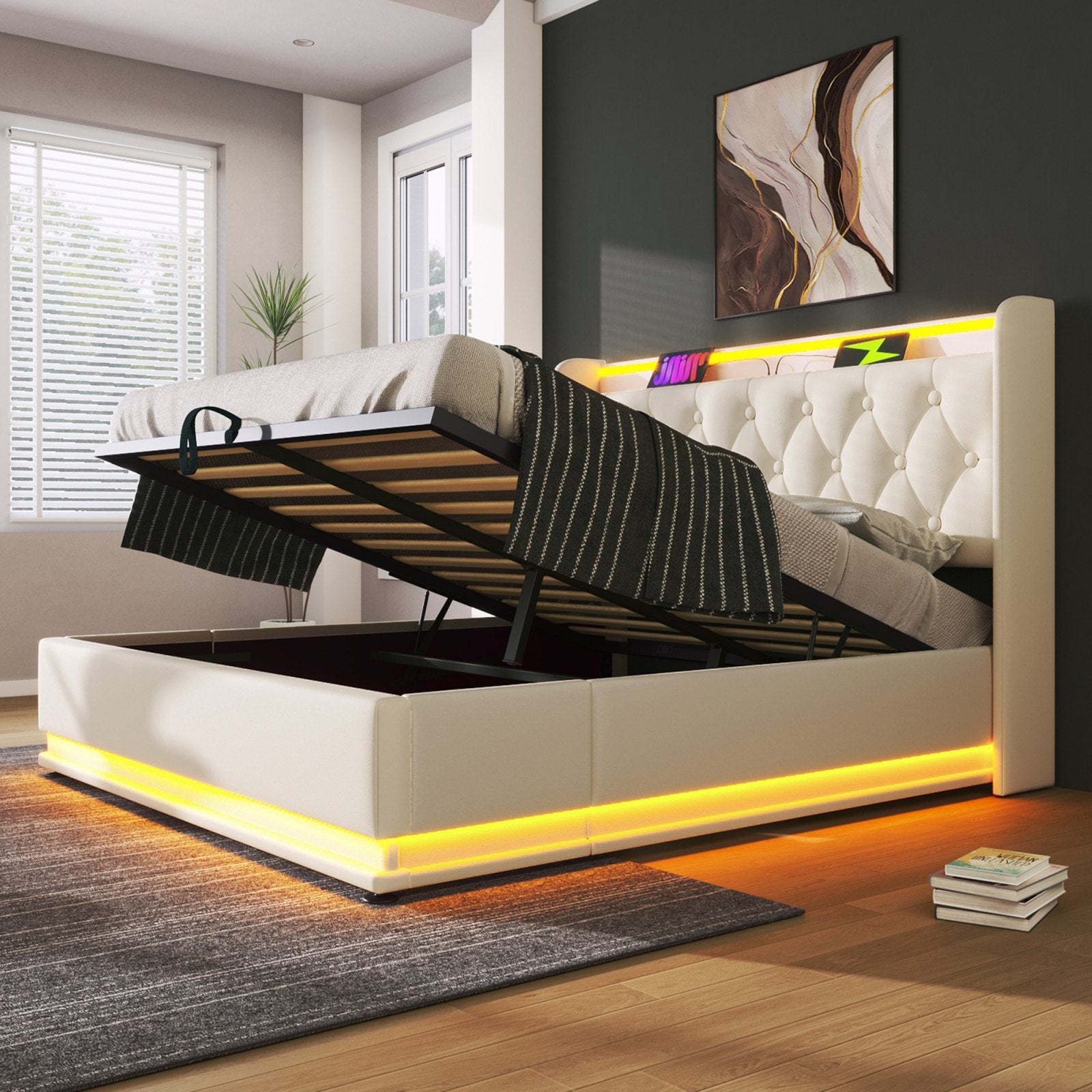 Deptford LED Gaming Bed with Ottoman Storage, in white faux leather, storage open by a window